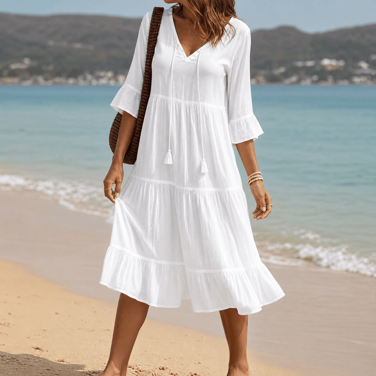 Solera Tiered Cotton Midi Dress with V-Neck Tassel Tie and Flared Sleeves