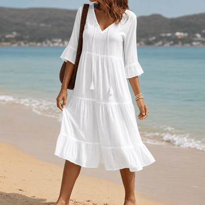 Solera Tiered Cotton Midi Dress with V-Neck Tassel Tie and Flared Sleeves