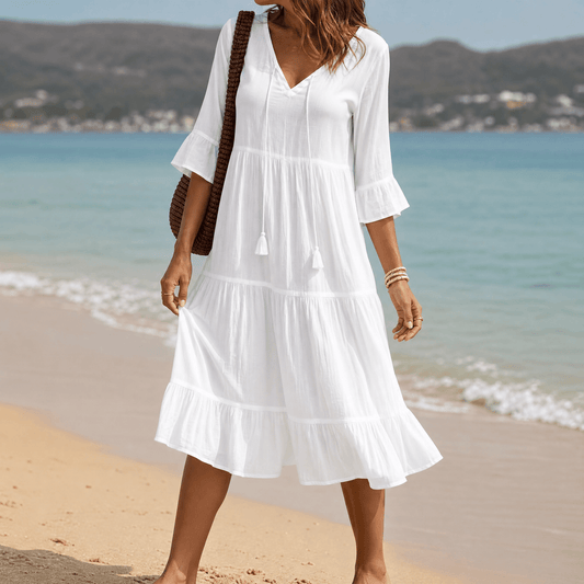 Solera Tiered Cotton Midi Dress with V-Neck Tassel Tie and Flared Sleeves