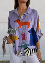 Women's Dog Print Long Sleeve Button-Down Blouse with Collar