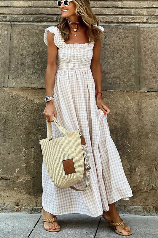 Elisa Gingham Smocked Maxi Summer Dress with Ruffle Straps