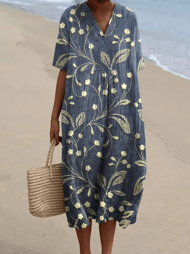 Eleanor Floral Embroidered V-Neck Cotton Blend Women's Midi Dress
