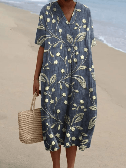 Eleanor Floral Embroidered V-Neck Cotton Blend Women's Midi Dress