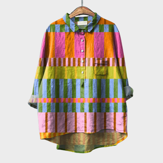 Amber Relaxed Striped Linen Blouse with Long Sleeves and Chest Pocket