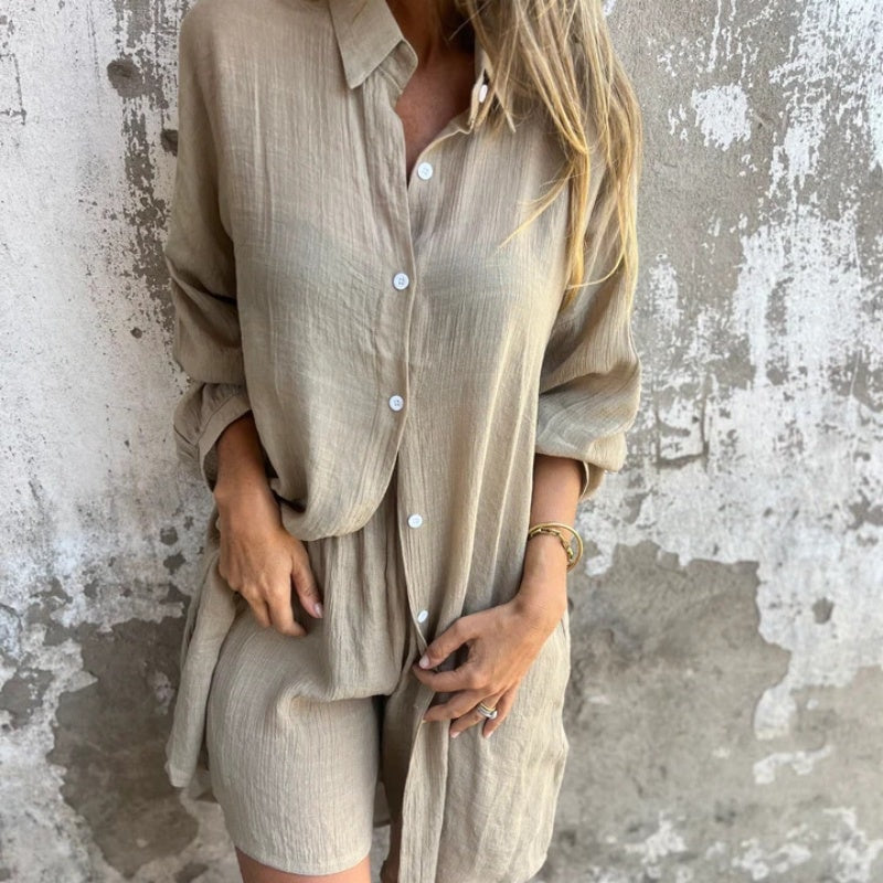 Sasha Two-Piece Matching Linen Shirt and Shorts Set with Long Sleeves