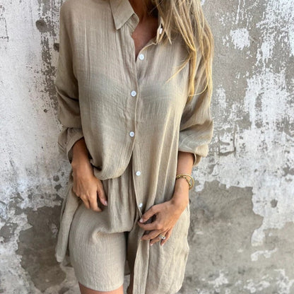 Sasha Two-Piece Matching Linen Shirt and Shorts Set with Long Sleeves