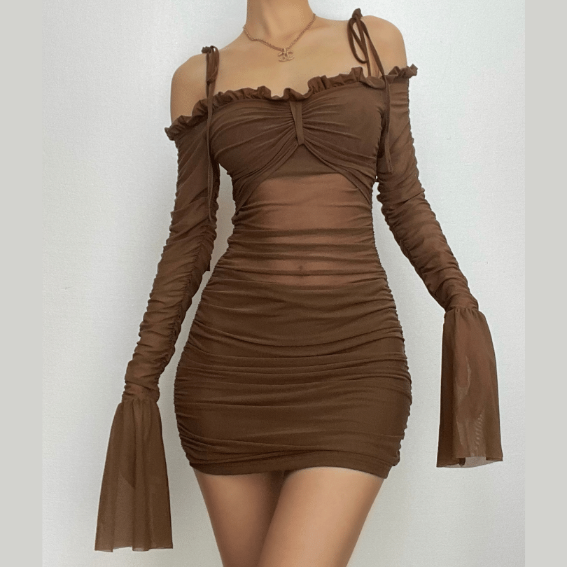 Annabelle Long Sleeve Ruffle Mini Summer Dress with Off-Shoulder Neckline
