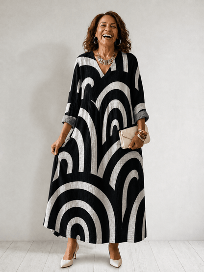 Cynthia Abstract Print Cotton Women's Midi Dress with Three-Quarter Sleeves