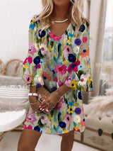 Flora Painterly Floral V-Neck Mini Dress with Flared 3/4 Sleeves