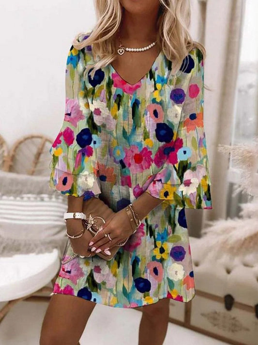 Flora Painterly Floral V-Neck Mini Dress with Flared 3/4 Sleeves