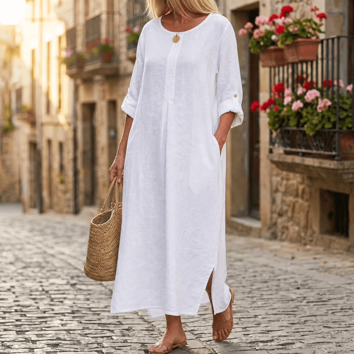 Women's Linen Summer Midi Dress with Roll-Up Sleeves and Side Pockets