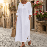 Women's Linen Summer Midi Dress with Roll-Up Sleeves and Side Pockets