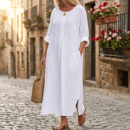 Women's Linen Summer Midi Dress with Roll-Up Sleeves and Side Pockets