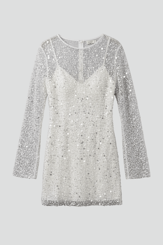 Long-Sleeve Mesh Overlay Mini Dress with Sequin Embellishment