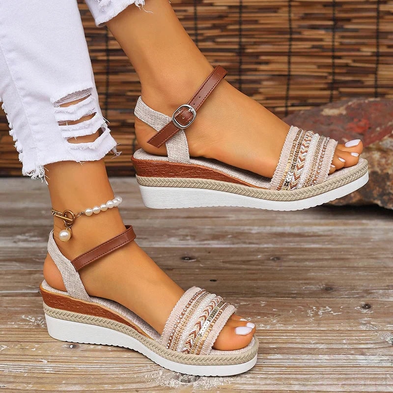 Barbara Striped Textile Wedge Sandals with Cushioned Footbed for Women