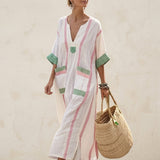 Calveth Relaxed Striped Linen Summer Maxi Dress with Patch Pockets