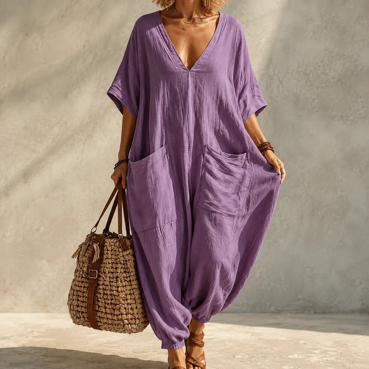 Women's Loose V-Neck Batwing Sleeve Jumpsuit with Deep Pockets