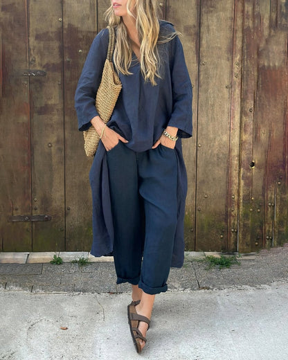 Vimosa Relaxed Linen Co-Ord Set with Longline V-Neck Top and Wide-Leg Pants