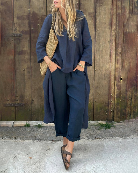 Vimosa Relaxed Linen Co-Ord Set with Longline V-Neck Top and Wide-Leg Pants