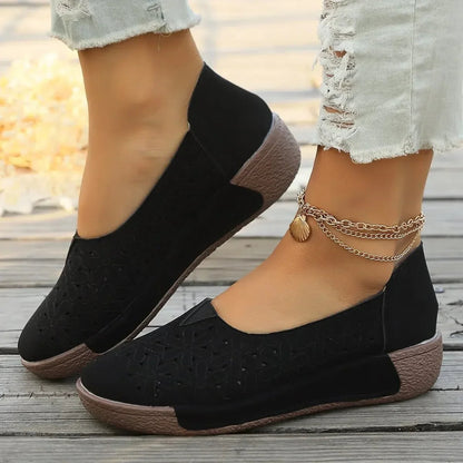 Slip-On Wedge Loafers with Floral Cut-Out Detail and Orthopedic Insole