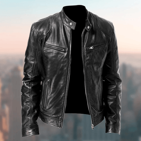 Slim-Fit Leather Moto Men's Jacket with Zippered Front Closure