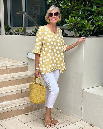 Clara Women's Ruffle Hem Polka Dot V-Neck Top with Elbow Sleeves