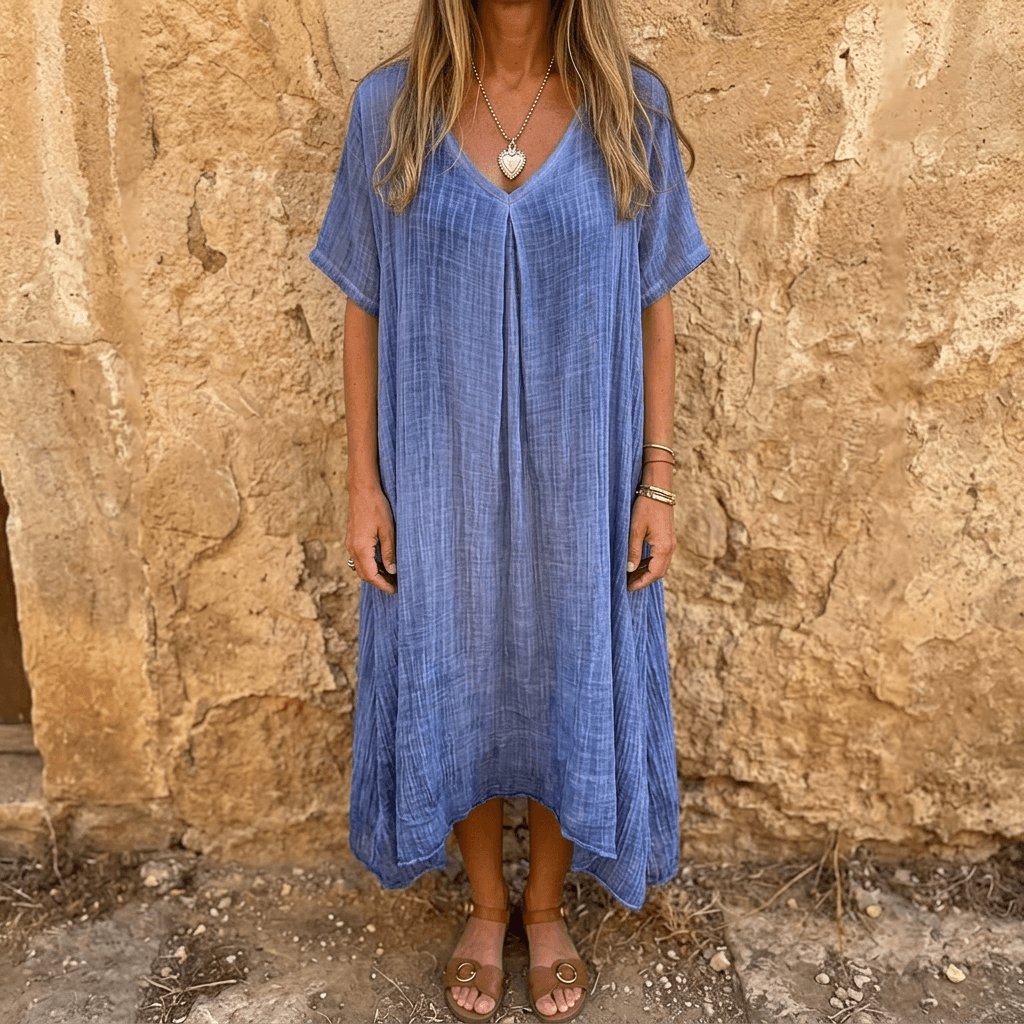 Women's Cotton Linen V-Neck Midi Summer Dress with Short Sleeves
