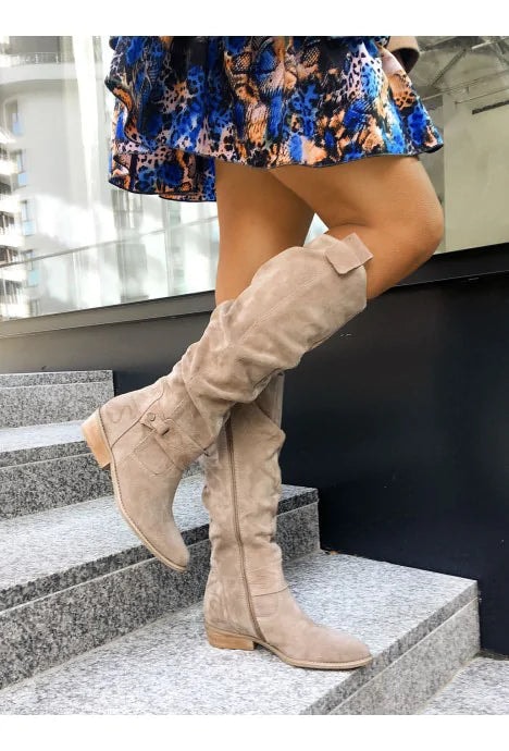 Suede Knee High Slouch Boots with Low Heel and Zipper Closure