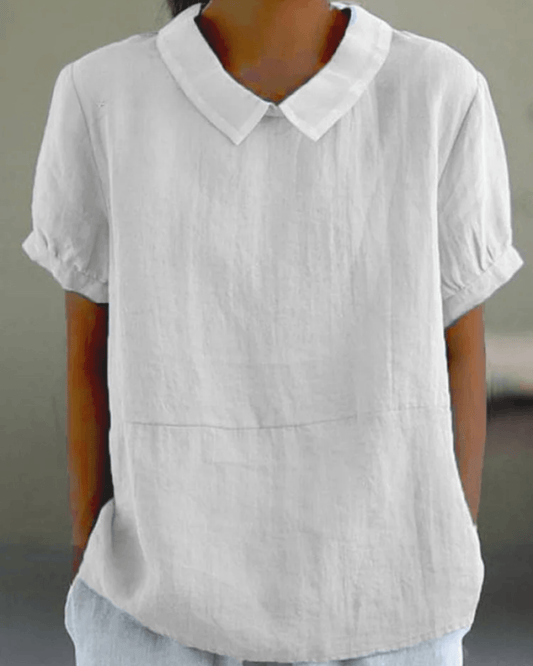 Beatrix Collared Cotton-Linen Blouse with Short Sleeves for Women