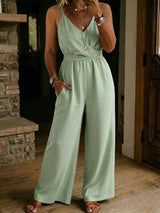 Women's Sleeveless V-Neck Wide-Leg Linen Jumpsuit with Relaxed Fit