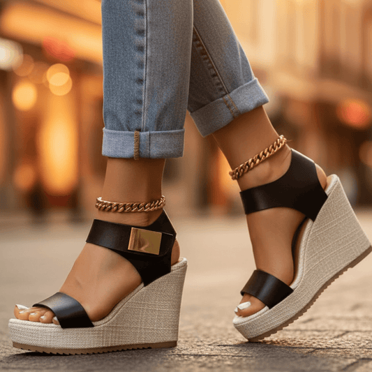 Women's Cushioned Colorblock Platform Wedge Sandals with Ankle Strap
