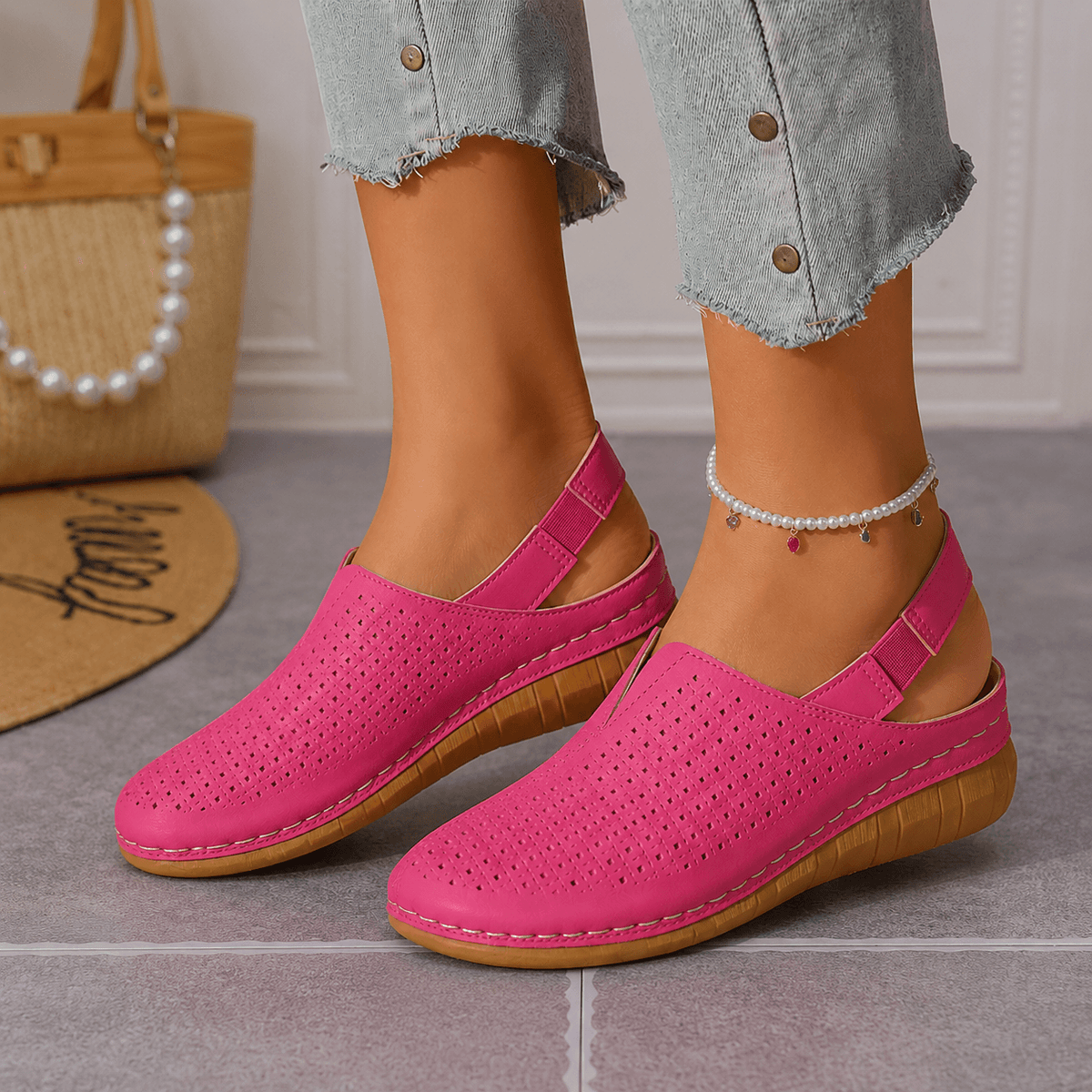 Perforated Wedge Slingback Sandals with Cushioned Sole for Women