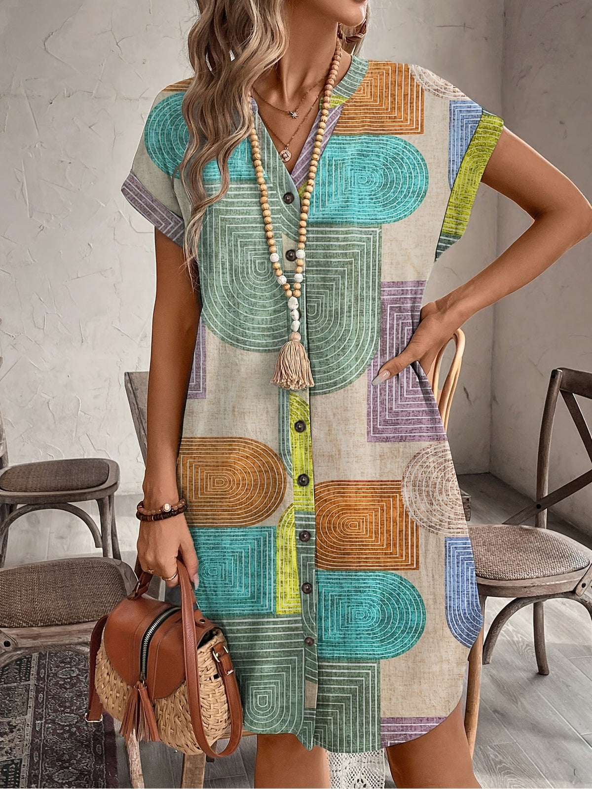 Miriam Retro Print Button-Front V-Neck Women's Midi Shirt Dress