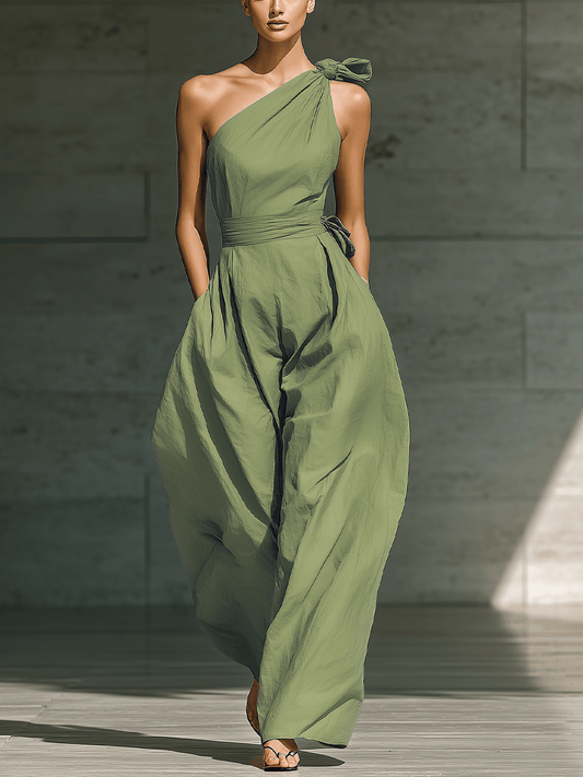 One-Shoulder Wide-Leg Linen Jumpsuit with Tie Detail for Women