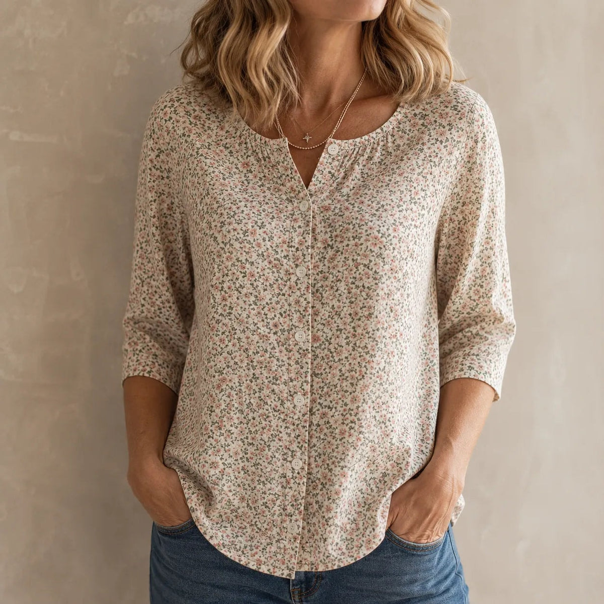 Florenne Ditsy Floral Button-Up Blouse with Three-Quarter Sleeves