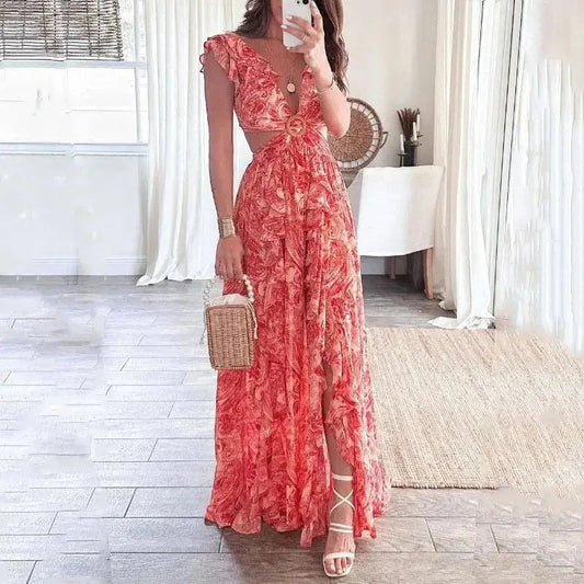 Women's Cotton Ditsy Floral V-Neck Maxi Dress with Cutout Waist Detail