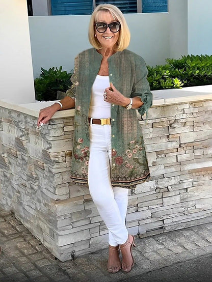 Women's Floral Print Longline Button-Up Blouse with Long Sleeves