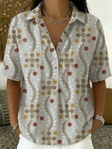 Floral Print Linen Blouse with Short Sleeves and Collared Half-Button Placket
