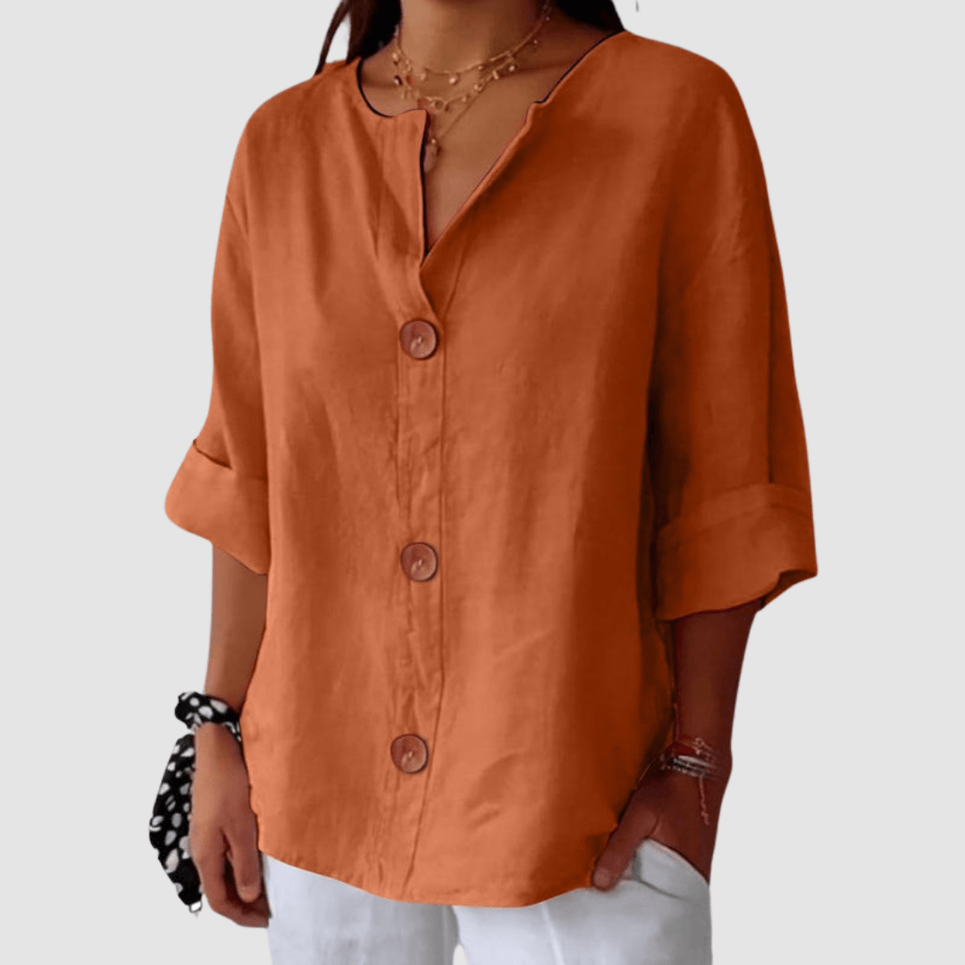 Leah Casual Linen Blouse with V-Neck Button Front and Rolled Sleeves