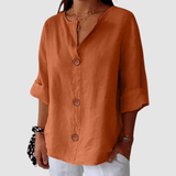 Leah Casual Linen Blouse with V-Neck Button Front and Rolled Sleeves