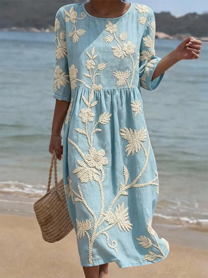 Floral Embroidered Three-Quarter Sleeve Midi Dress for Women
