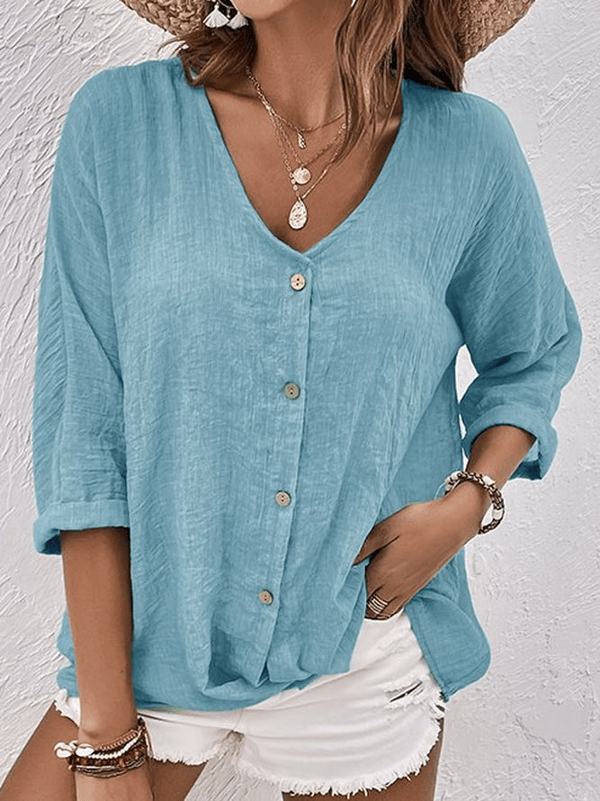 Ava V-Neck Button-Up Linen Blouse with Long Sleeves for Women