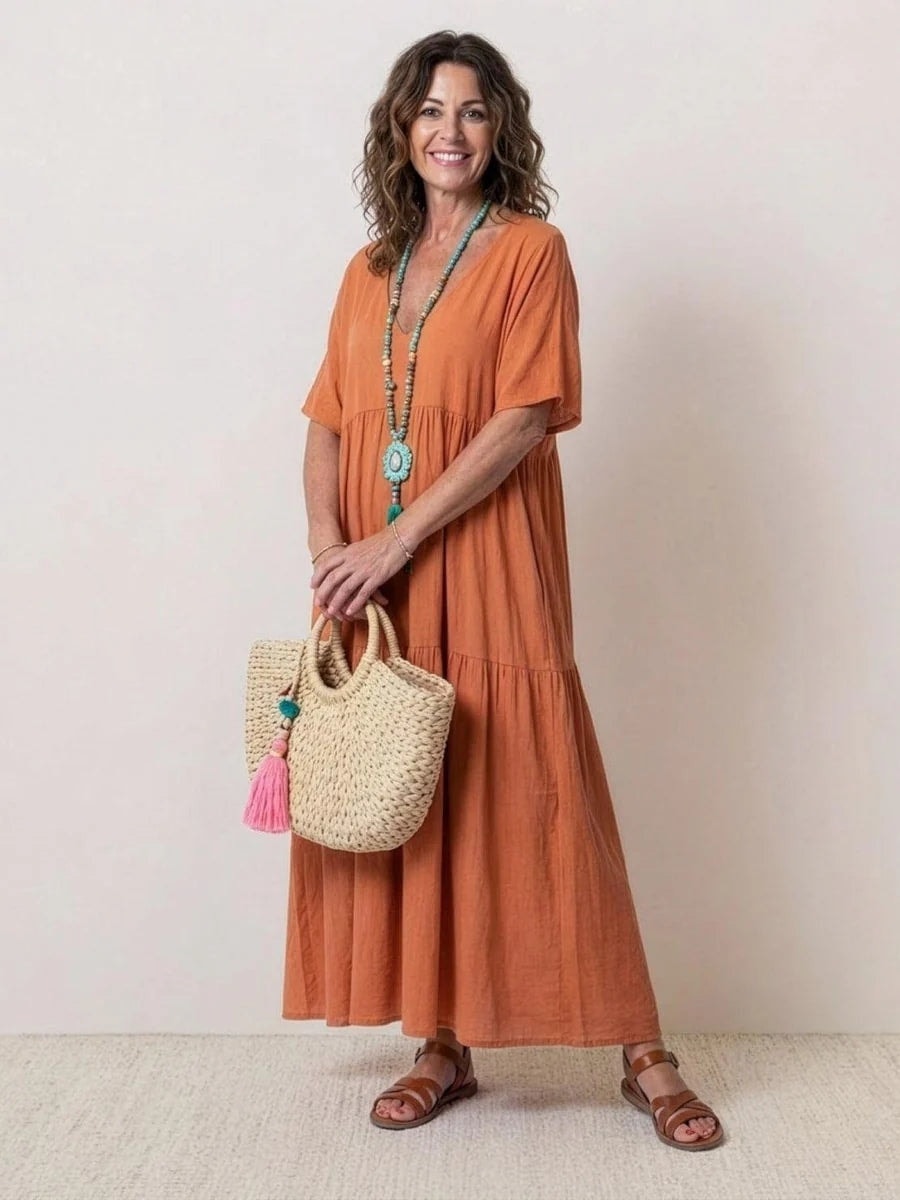 Women's Tiered Ruffle V-Neck Midi Dress with Short Sleeves in Polyester