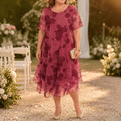 Florenza Print Layered Chiffon Women's Midi Dress with Sheer Sleeves