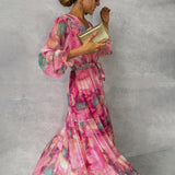Romilly Floral Chiffon Wrap Maxi Summer Wedding Guest Dress for Women with Long Sleeves