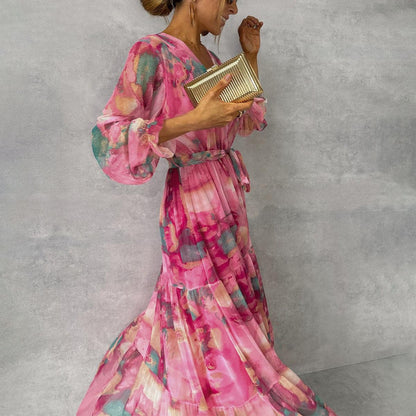 Romilly Floral Chiffon Wrap Maxi Summer Wedding Guest Dress for Women with Long Sleeves