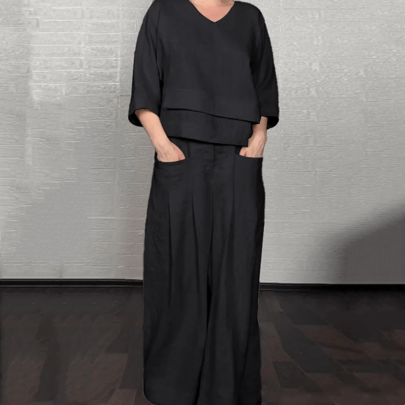 Cotton Linen Matching Two-Piece Set with V-Neck Top and Wide-Leg Pants