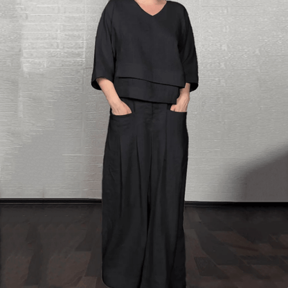 Cotton Linen Matching Two-Piece Set with V-Neck Top and Wide-Leg Pants