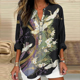 Women's Crane Print Long Sleeve Blouse with Split Neckline
