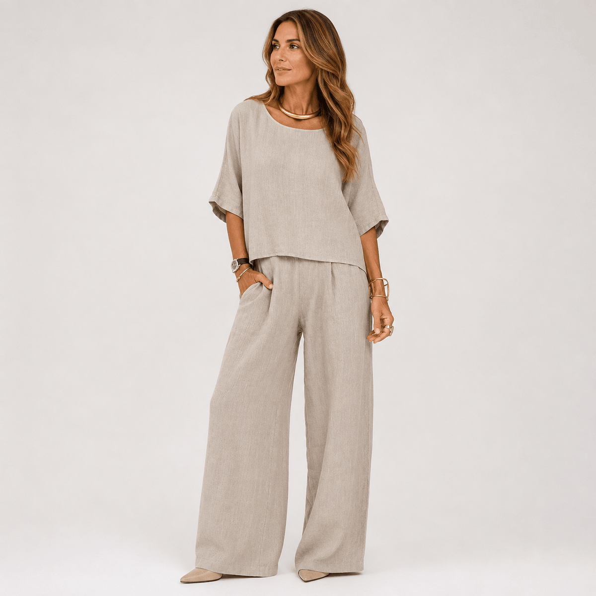 Hannah Young Linen-Blend Two-Piece Top and Wide-Leg Trouser Set